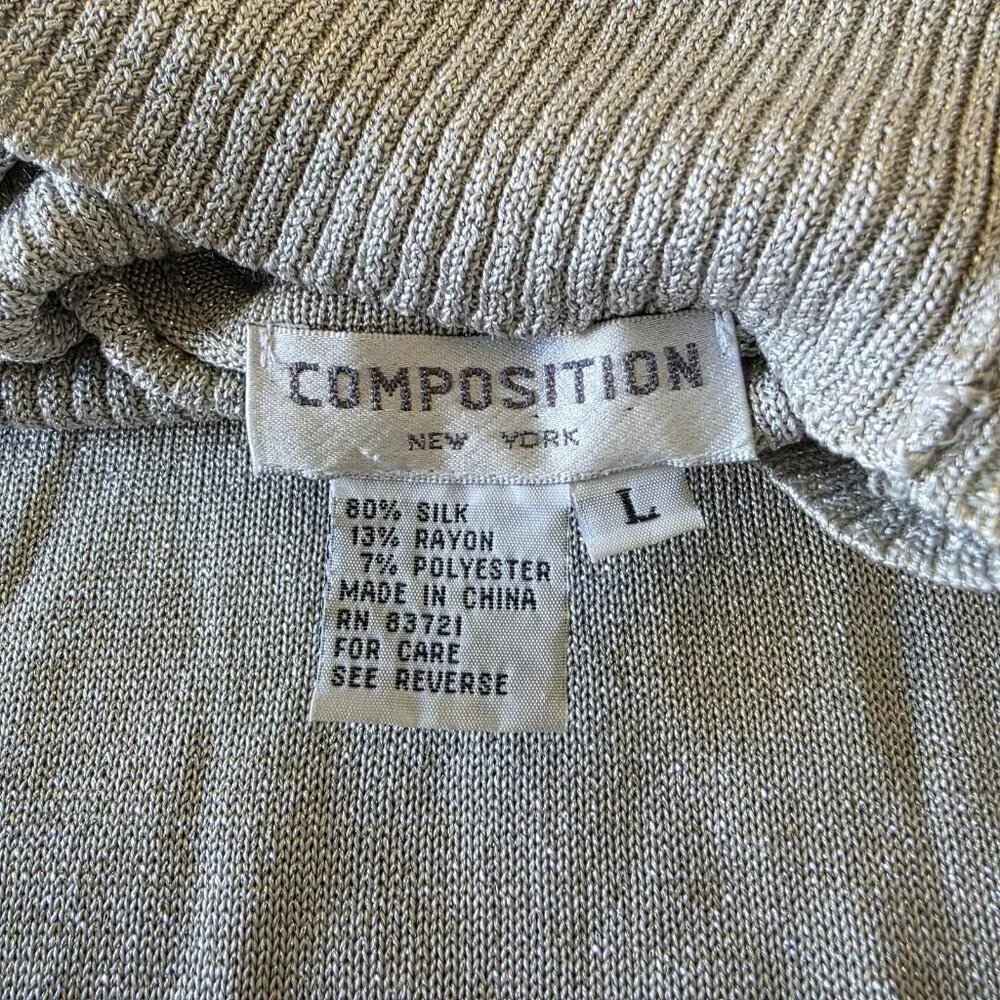 Composition NY Silk Blend Metallic Shimmer Turtleneck Sweater L Taupe Beige